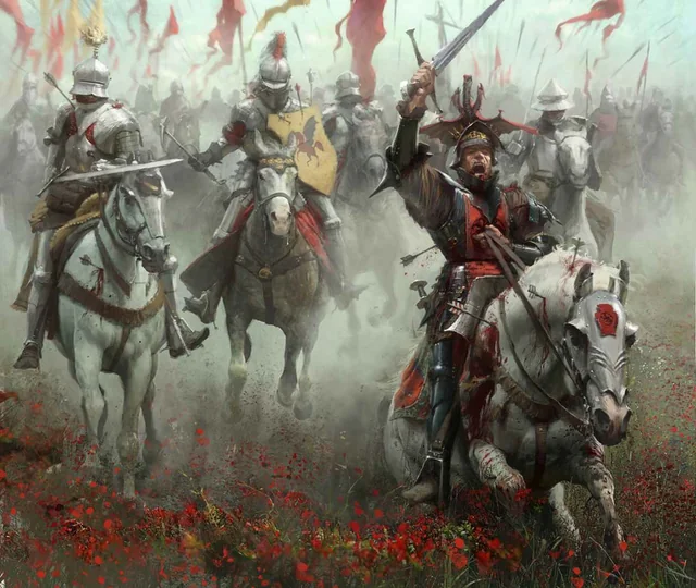 knights fighting in battlefield on horseback
